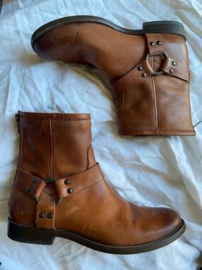 Frye Cognac Leather Harness Ankle Boots
